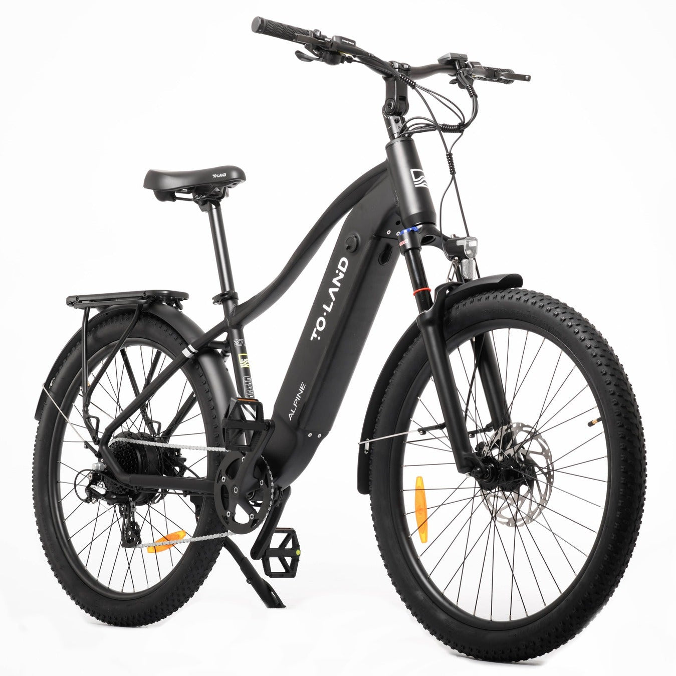 Black electric bike with 'Toland' branding on a white background