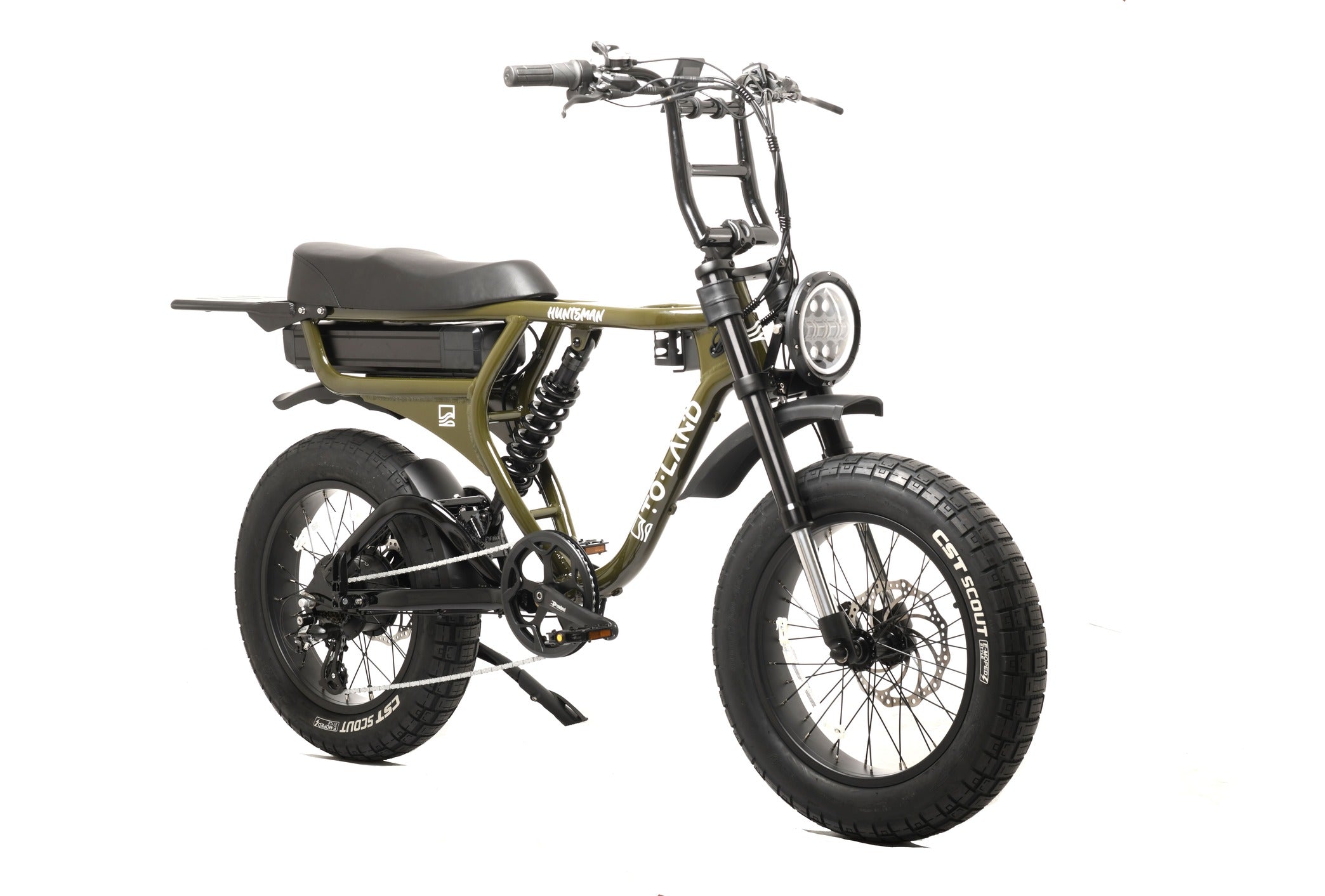 Electric bike with a black frame and green accents on a white background
