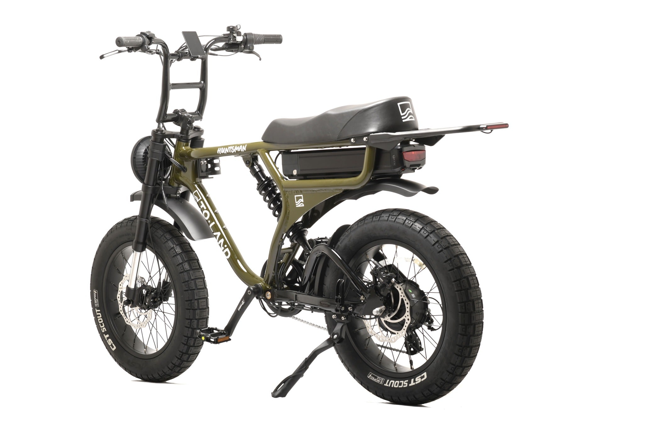 Green electric bike with black seat on a white background