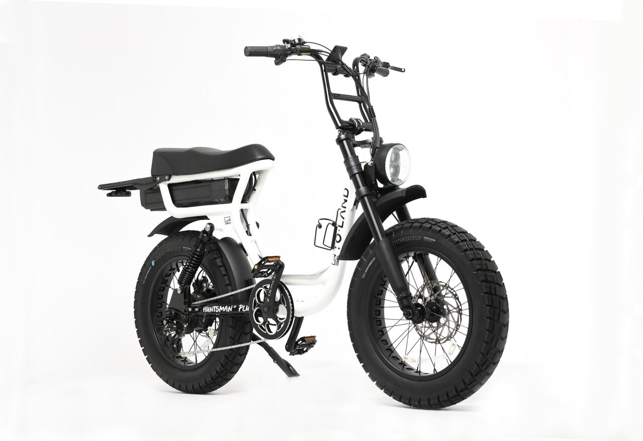 An electric bike with a green step-through frame, black seat and handlebar grips, and off-road tires. Accessories including a helmet, chain lock, phone holder, and top bar bag are depicted above the bike.