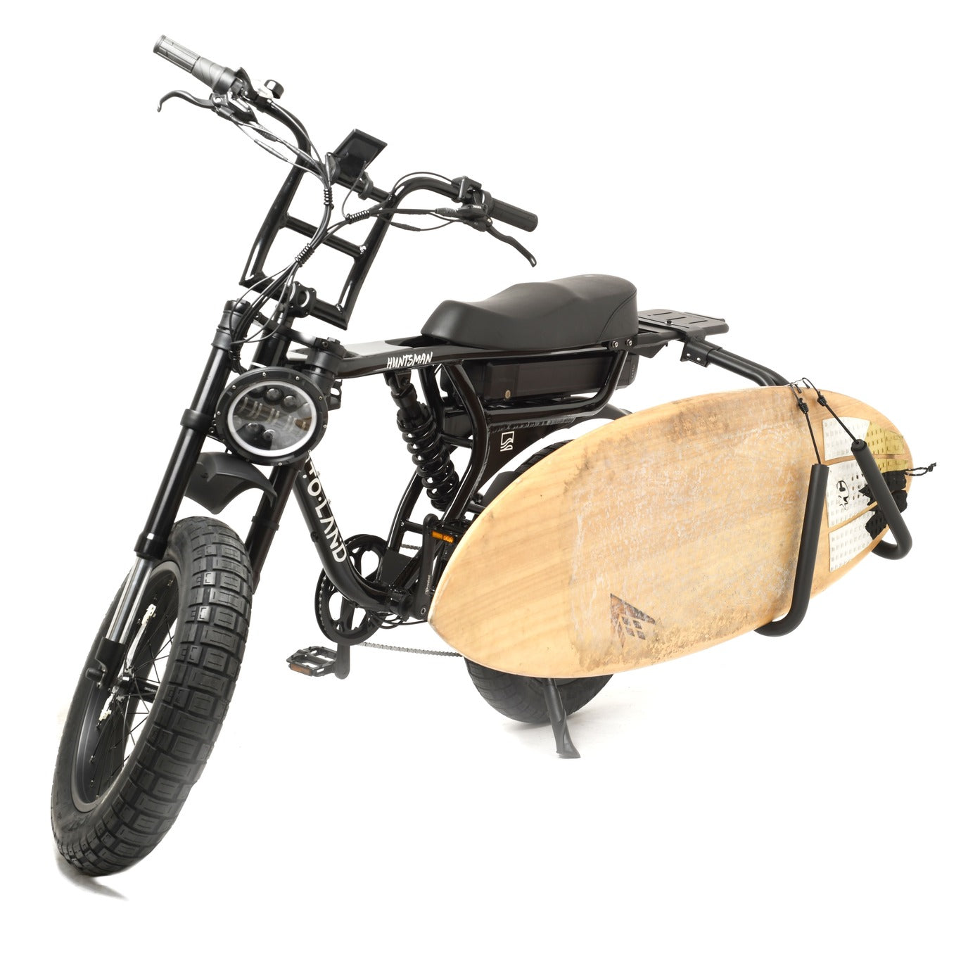 Black electric bike with a surfboard attached on a white background