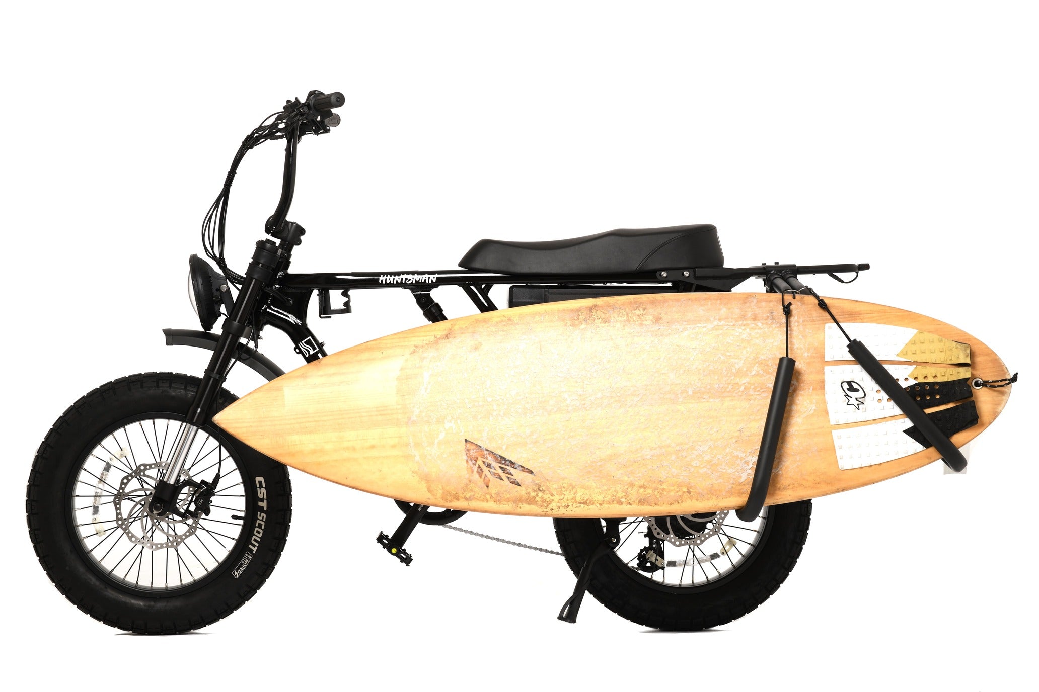 Electric bike with a surfboard attached on a white background