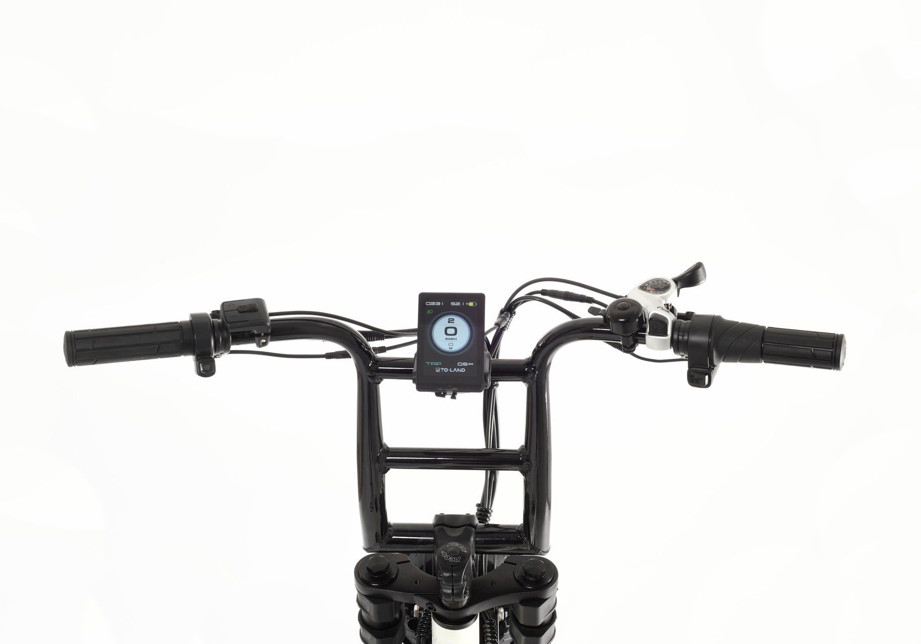 Bicycle handlebar with control panel on a white background