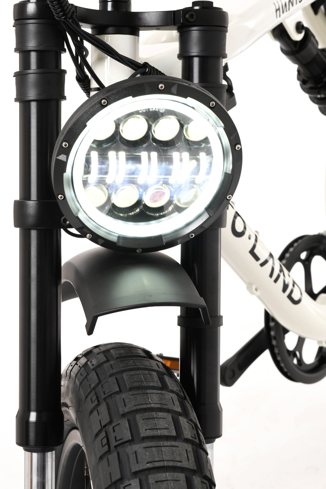 Close-up of a electric bike headlight with 'Huntsman' branding on a white background