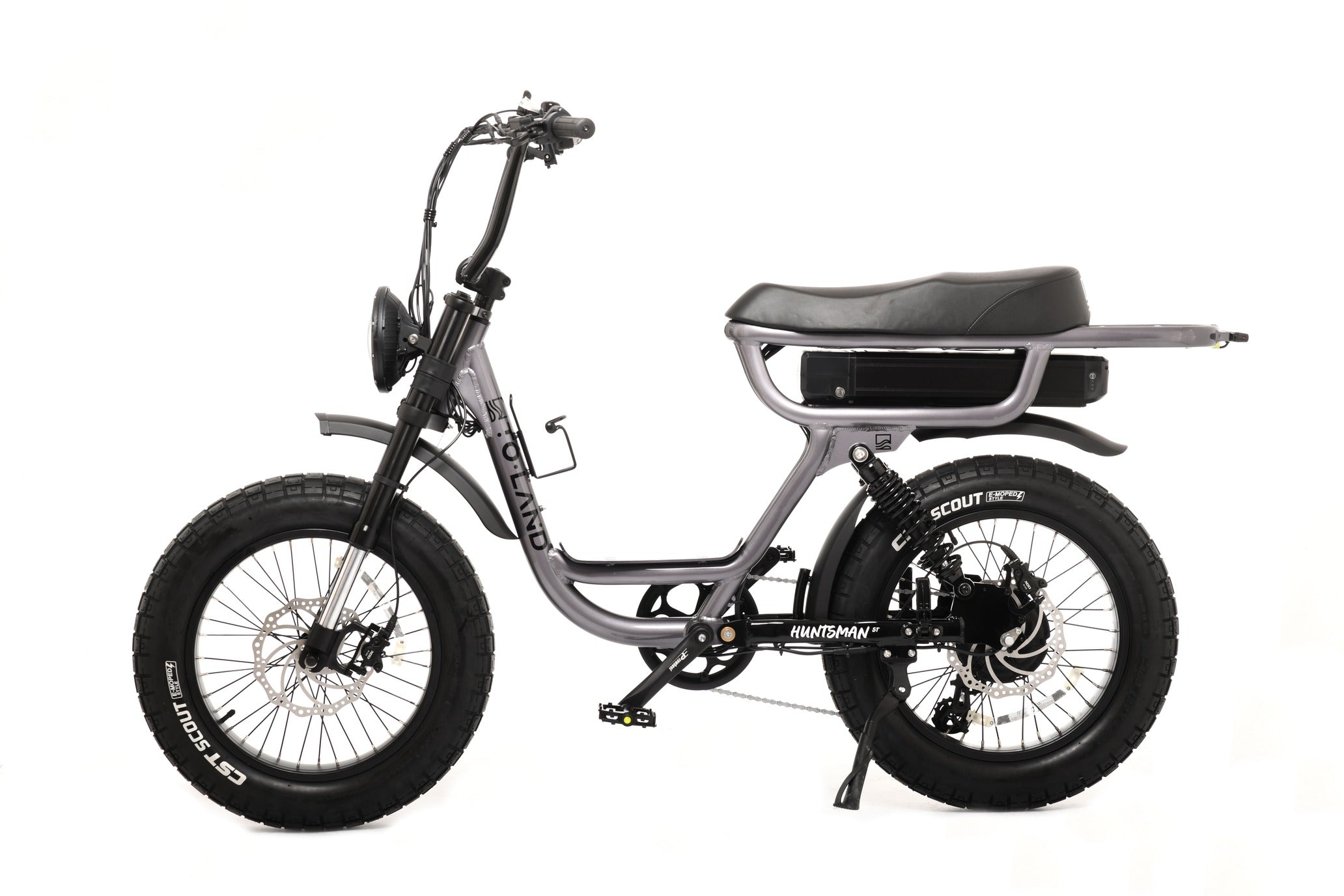 Silver electric bike with black seat on a white background