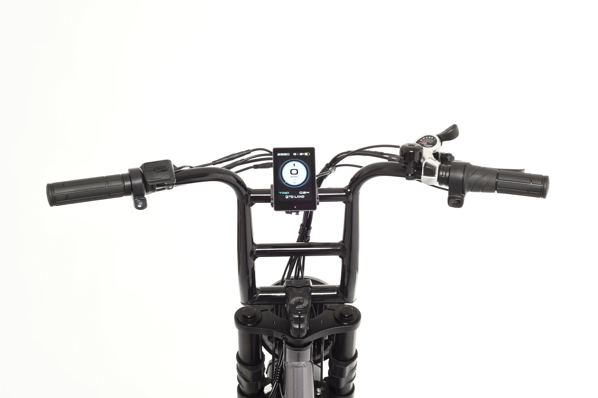Close-up of a electric bike handlebar with control panel on a white background