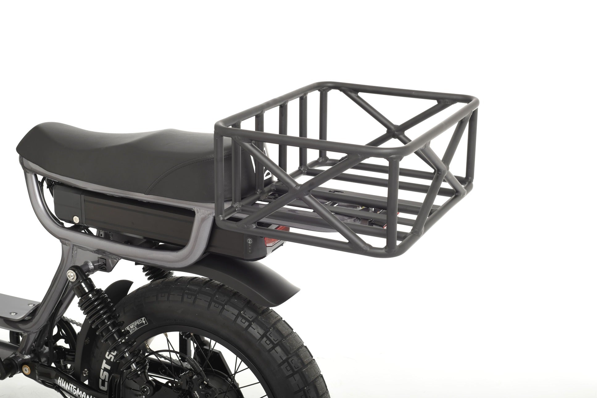 Electric bike with a black seat and cargo basket on a white background