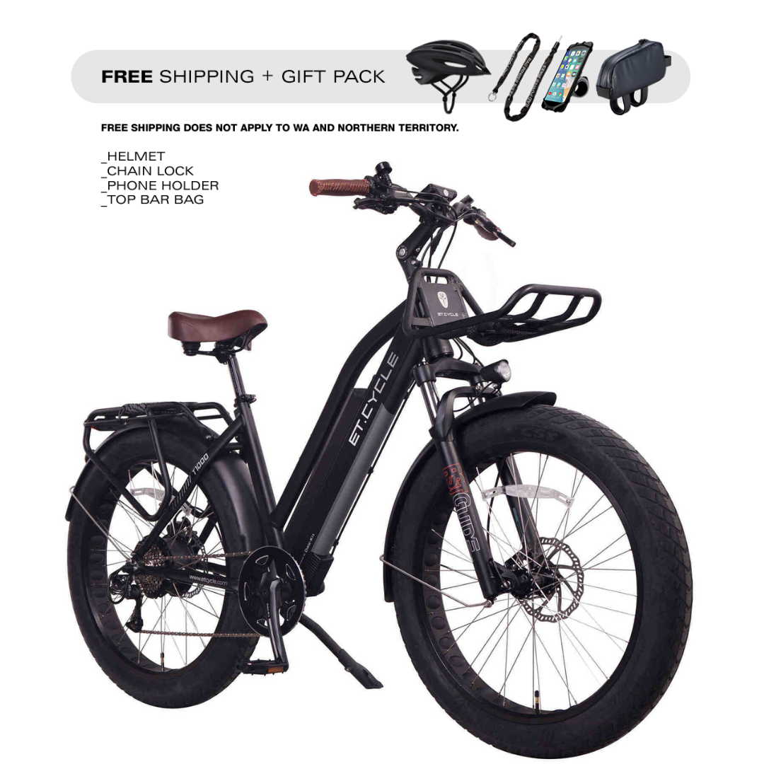 Bicicleta eléctrica de montaña ET.Cycle T1000 Fat Trekking con cuadro de cuadro, frenos hidráulicos, 48 ​​V, 21 Ah, 1008 Wh, color negro mate