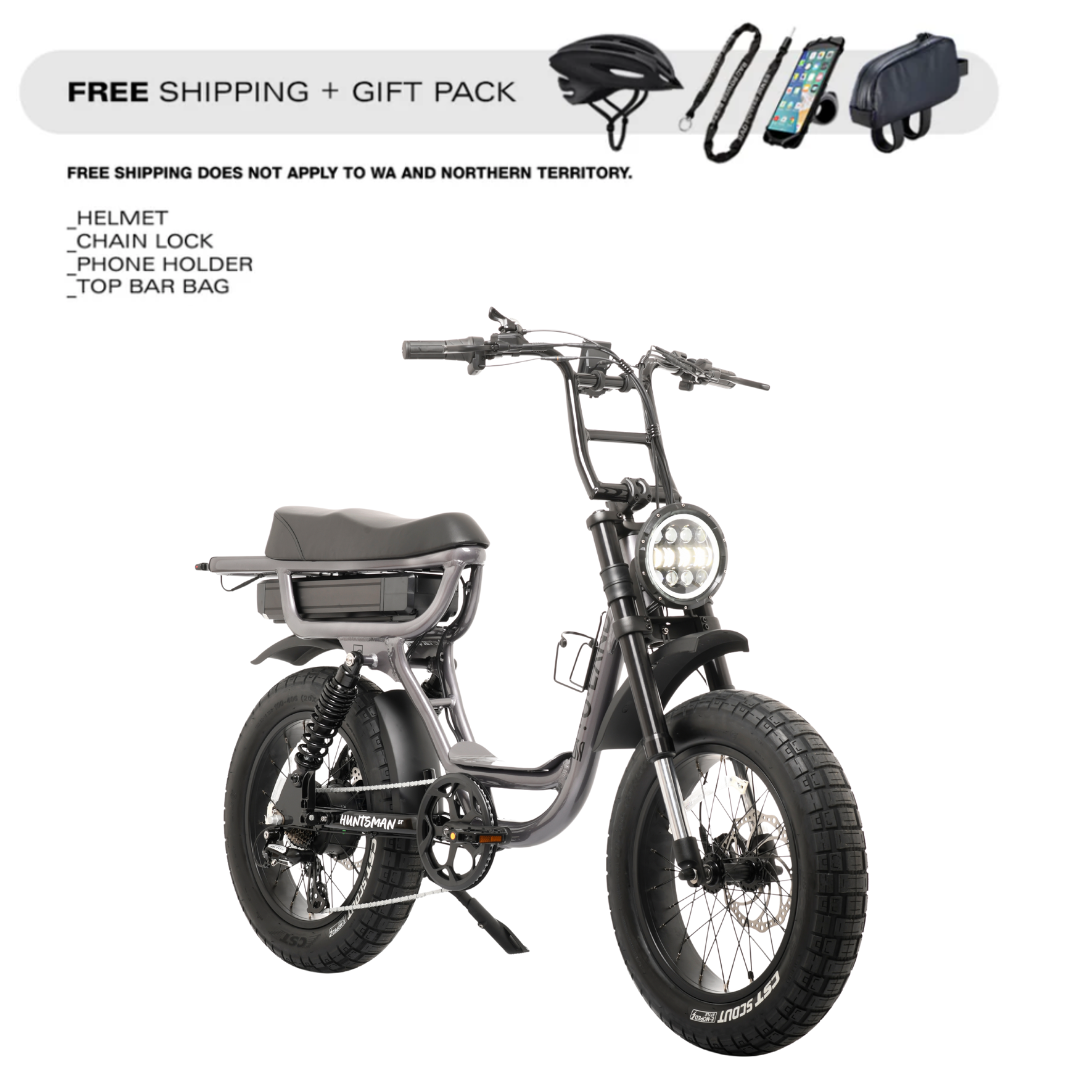 Electric bike with accessories on a white background